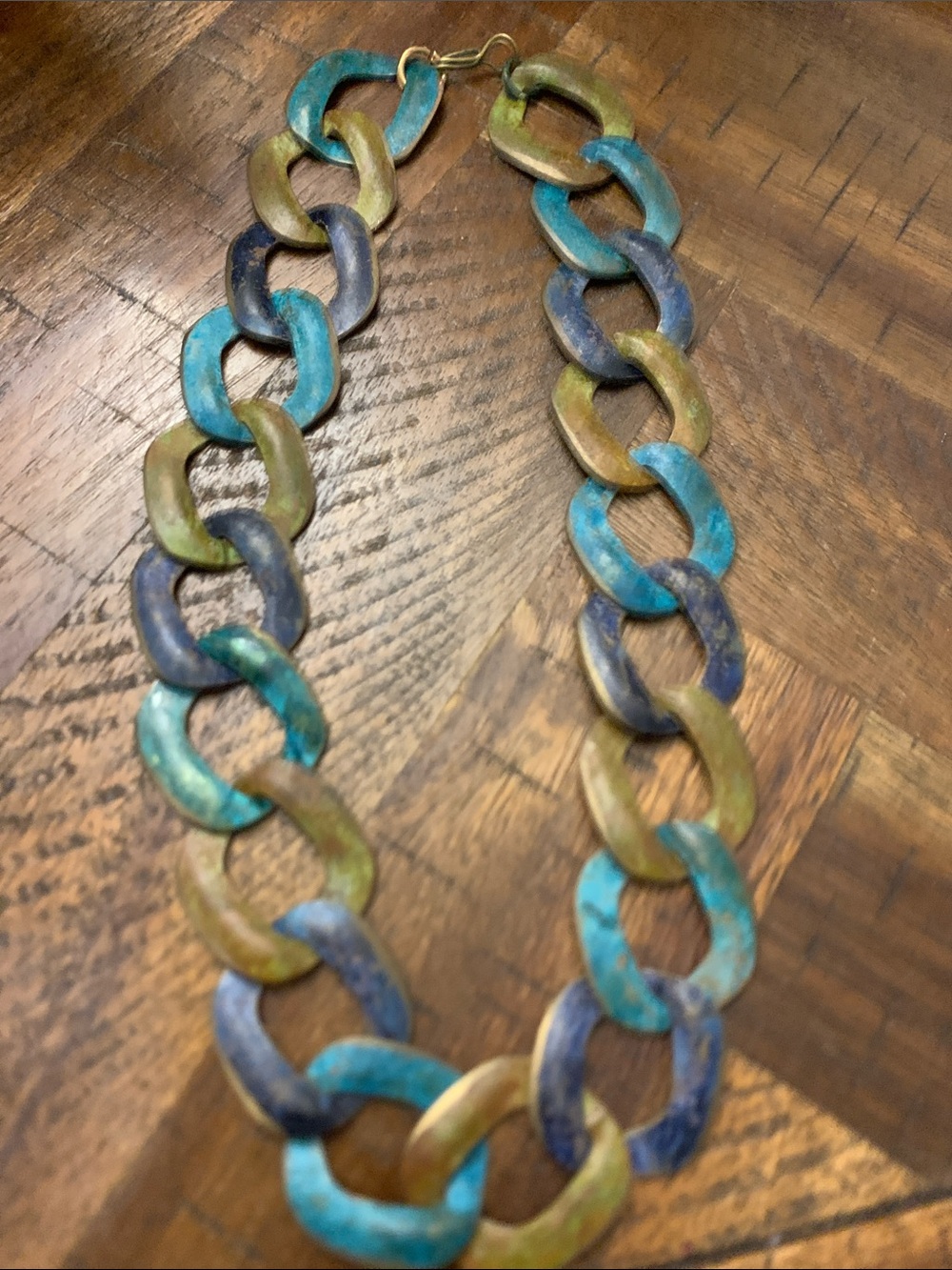 Vintage Metal Patina Link Chain Necklace in Blue and Green